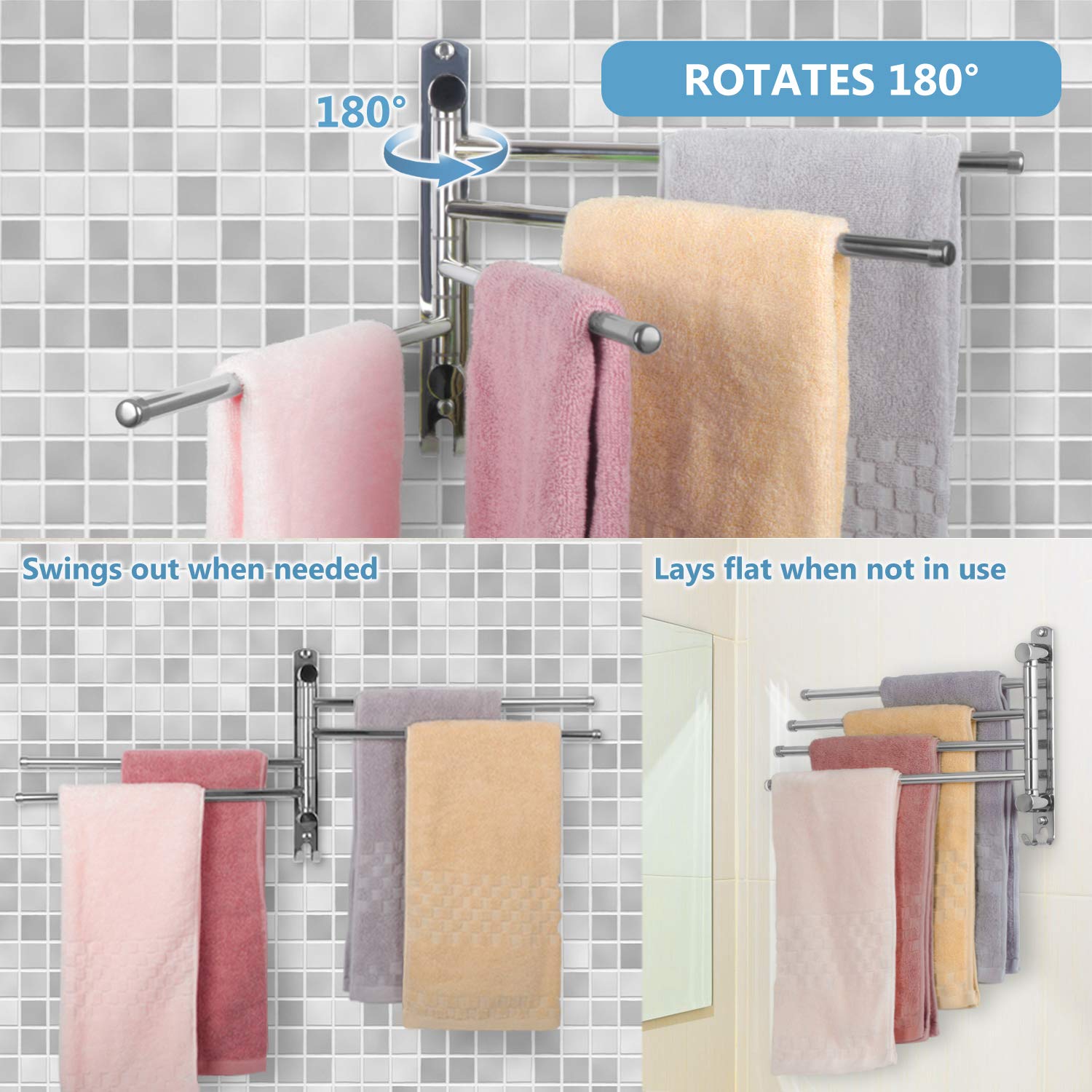 Swivel Bathroom Towel Rack JSVER Towel Rack Wall Mounted  SUS304 Stainless Steel Towel Bar  4-Arm Space Saving Towel Hanger  Towel Racks for Bathroom  Kitchen